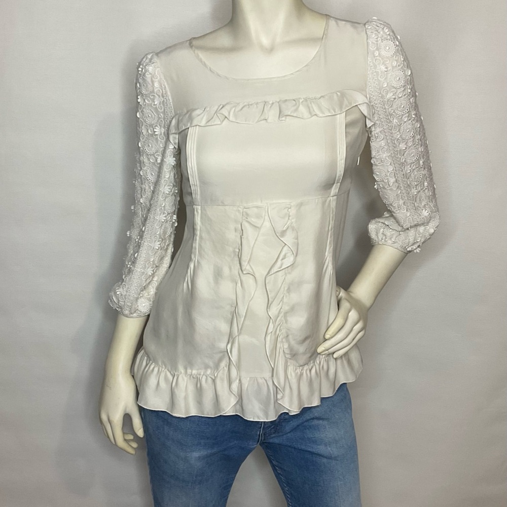 Ivory 100% Silk Juicy Couture Ruffle Lace Babydoll Blouse Size 6 - Picture 2 of 8